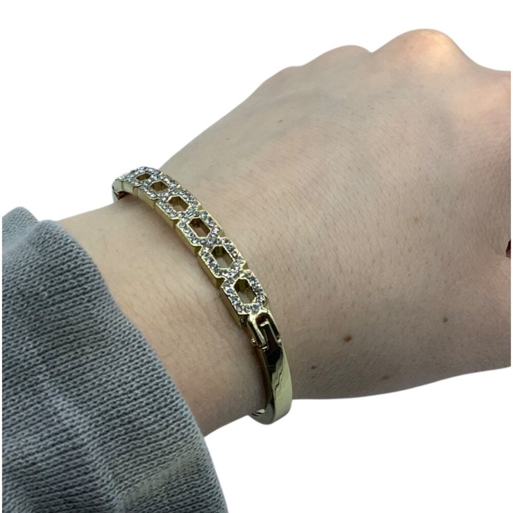 Gold-Tone & Silver Cubic Zirconia Chain Link Openwork Hinged Bangle Bracelet